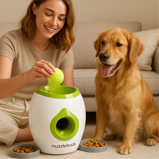 Nuzzlebuds Automatic Fetch Machine & Treat Dispenser - Training Reward Toy with Snack Launcher & Chew-Resistant Design